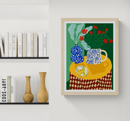 Colourful vertical giclée print by Teresa Rego featuring red carnations, blue patterned porcelain and green foliage in a bold contemporary still life for vibrant home decor.