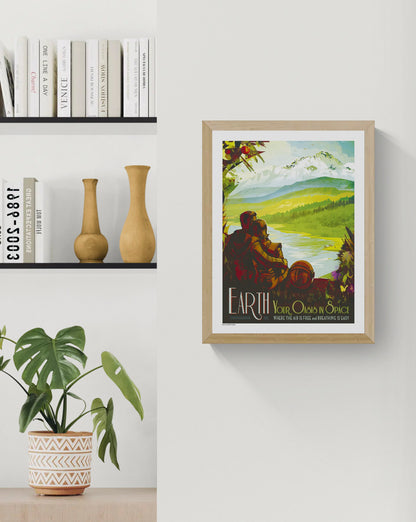 NASA Earth retro travel poster showing a couple overlooking a vivid mountain lake landscape, with green, blue, yellow and orange tones. Vertical digital print for colourful wall art and home decor.