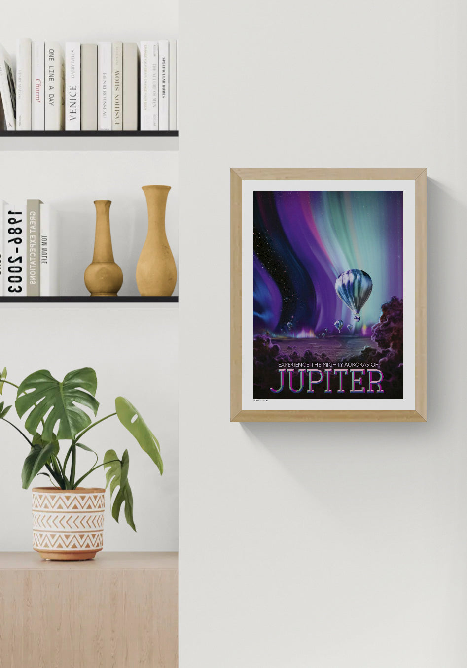 NASA Jupiter digital print showing hot-air balloons floating beneath vivid purple, turquoise and blue auroras, vertical retro-futurist space wall art for colourful home decor.