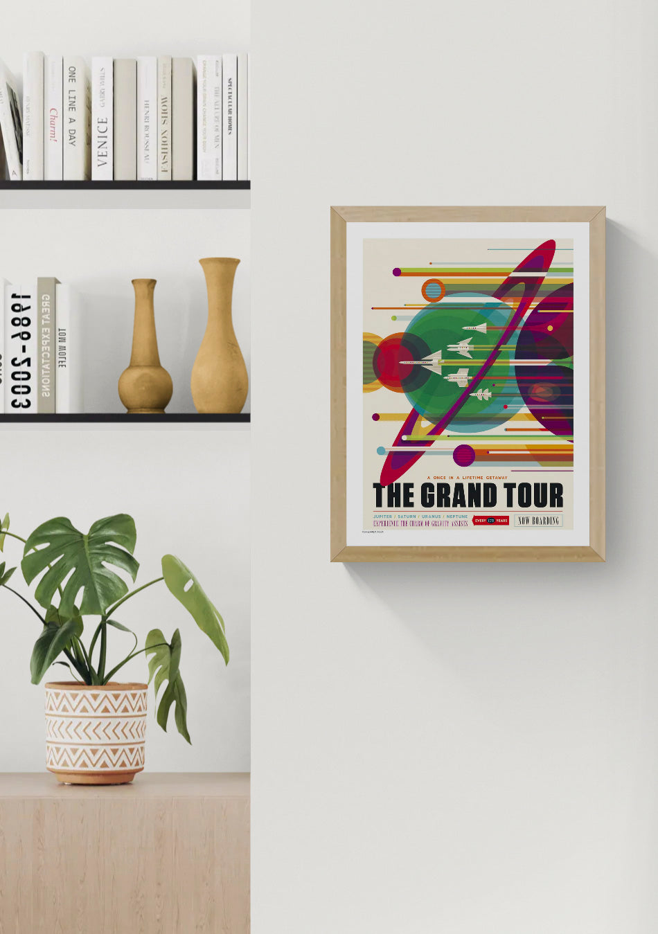 The Grand Tour NASA digital print featuring colourful retro-futurist planets, spacecraft and Saturn rings in a vertical poster design, ideal as bold space-themed wall art.