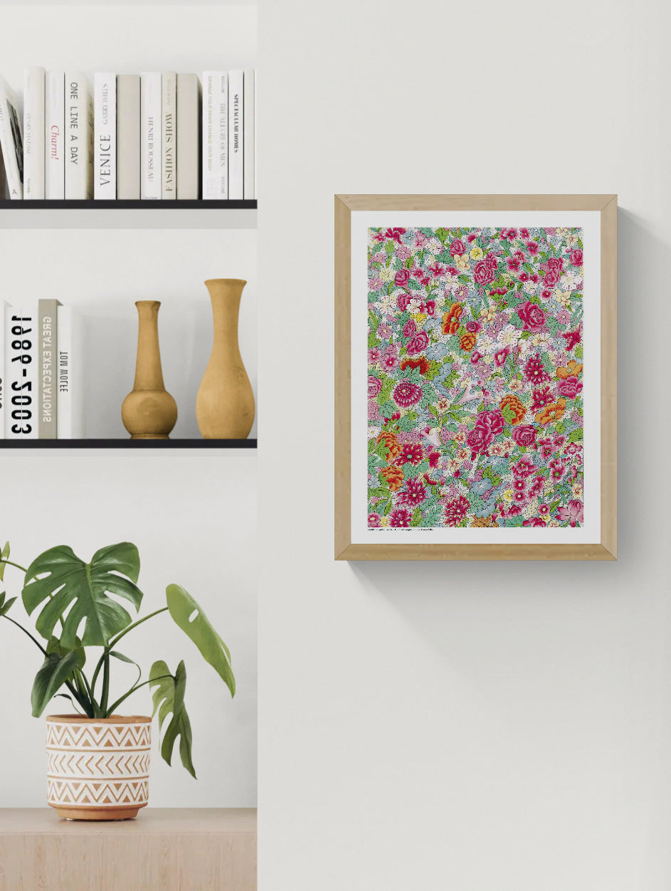 Chinese Flower Pattern by Owen Jones featuring dense pink, red, orange, blue and green flowers and leaves in an ornate Chinese-inspired decorative style, vertical digital print for colorful wall decor.