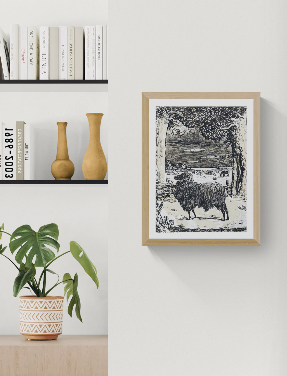 Sheep standing beneath two large trees in a rural landscape by Richard Roland Holst, black and cream vintage line illustration, vertical digital print for rustic and eclectic wall decor.