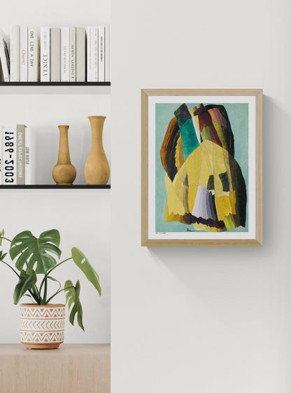 Arthur Dove’s Shore Road, a vertical abstract digital art print with turquoise, mustard yellow, green, brown and burgundy organic forms, ideal as colourful modern wall decor.