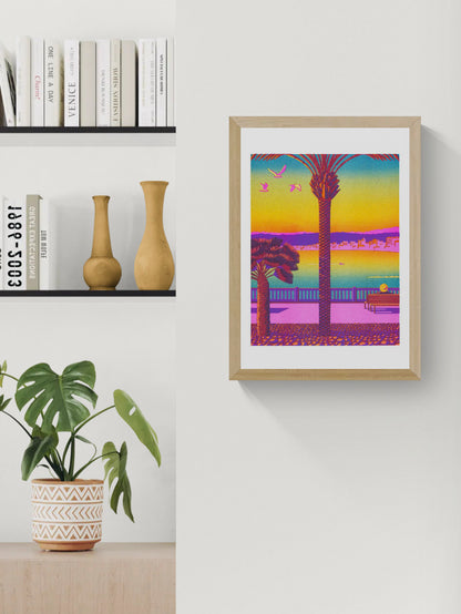 Colorful vertical Risograph print of Nice by Thomas Hayman, featuring palm trees, birds, Mediterranean sea views and a vivid pink, yellow, orange, blue and purple sunset, ideal as bright contemporary wall art.