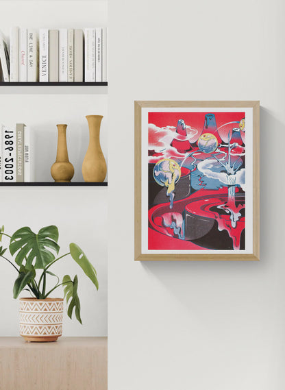 Melting Land Night risograph print by Beya Panicha featuring surreal melting planets and dreamlike landscape with vibrant red and cosmic colors