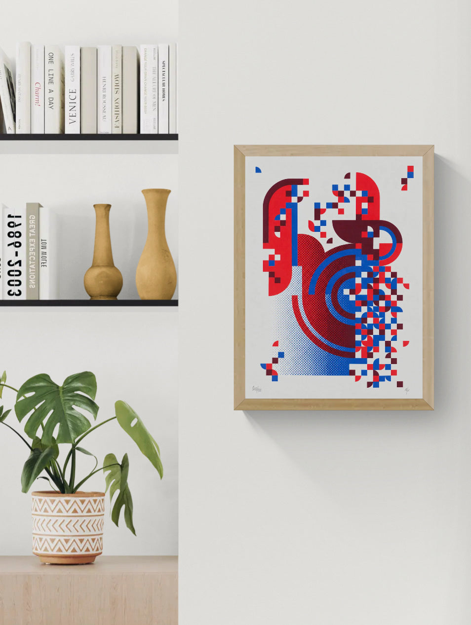 Pixel Drift 4 by PLUMO, vertical A3 hand-pulled screenprint featuring abstract geometric shapes, halftone patterns and pixel-like forms in red, blue, burgundy and white, ideal for modern wall decor.
