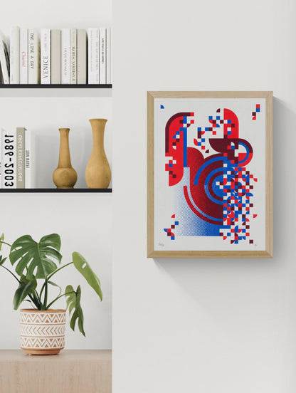 Pixel Drift 4 by PLUMO, vertical A3 hand-pulled screenprint featuring abstract geometric shapes, halftone patterns and pixel-like forms in red, blue, burgundy and white, ideal for modern wall decor.