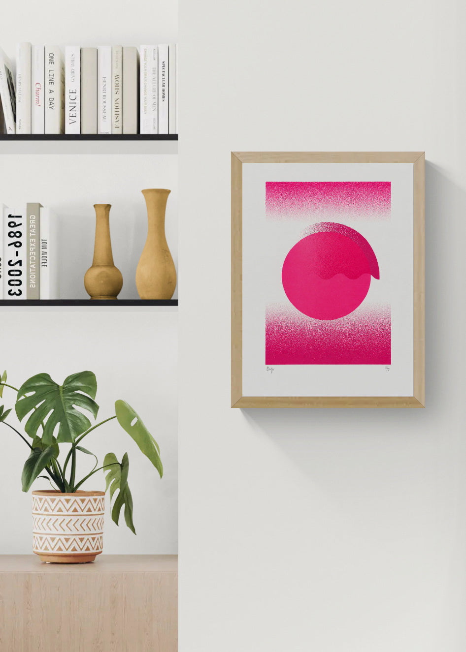 Fluorescent Pink Gradient by PLUMO, vertical A3 hand-pulled screenprint with vivid fluorescent pink circles, textured gradients and geometric forms, ideal as bold contemporary wall art.