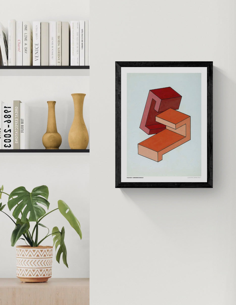 Geometric Composition 1 by Yakov Chernikhov, vertical digital art print with red and orange architectural geometric forms on a pale blue background, ideal for modern wall decor.
