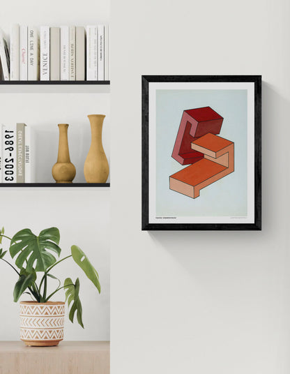 Geometric Composition 1 by Yakov Chernikhov, vertical digital art print with red and orange architectural geometric forms on a pale blue background, ideal for modern wall decor.