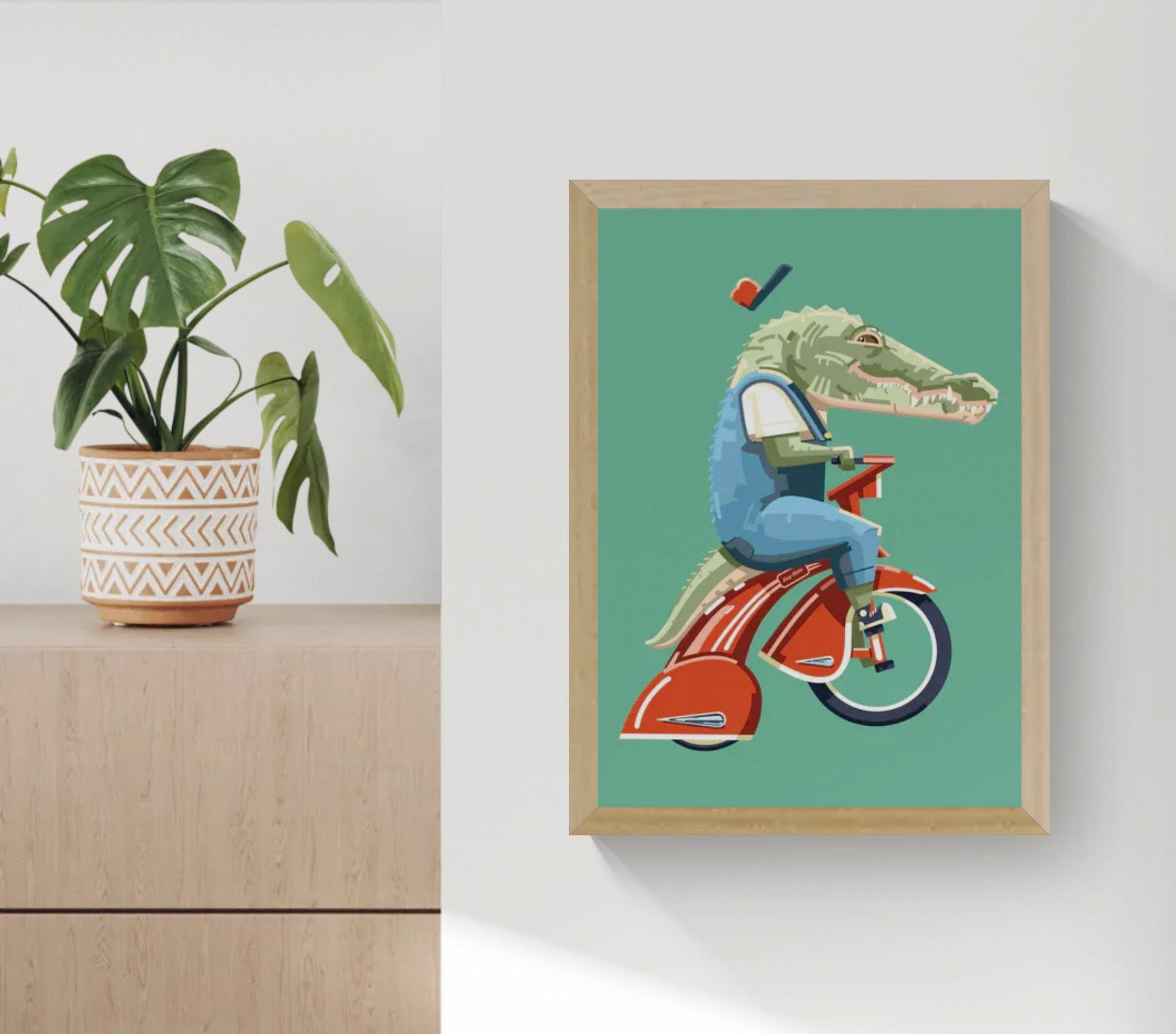 Art print “Easy Rider” by Floor 4 Productions, playful retro illustration with bold colors and animal character, modern wall art available in A4 and A3.