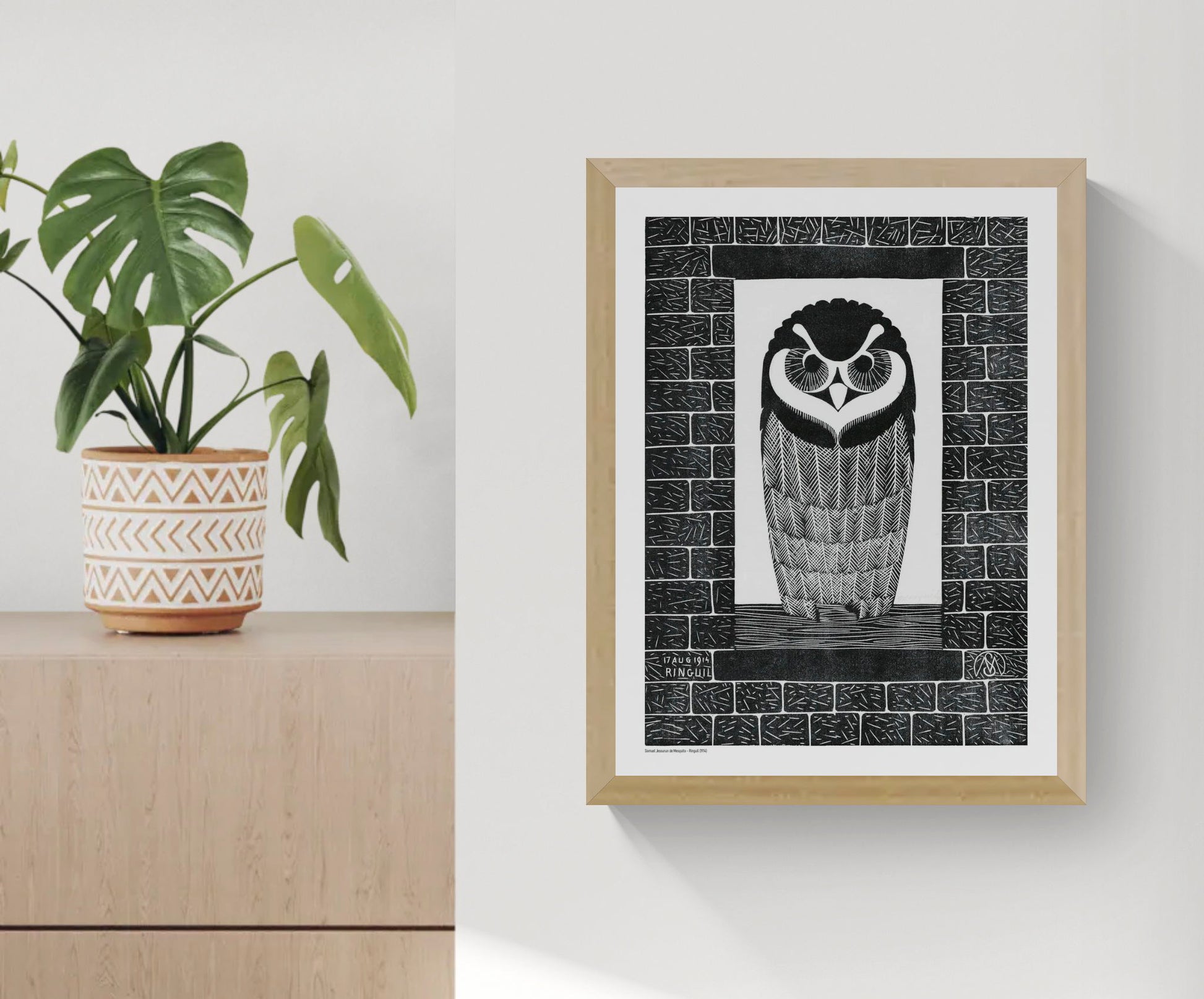 Black-and-white portrait of a wide-eyed owl framed by textured brick patterns, based on a 1914 Dutch woodcut, in vertical format for graphic wall art and study decor.