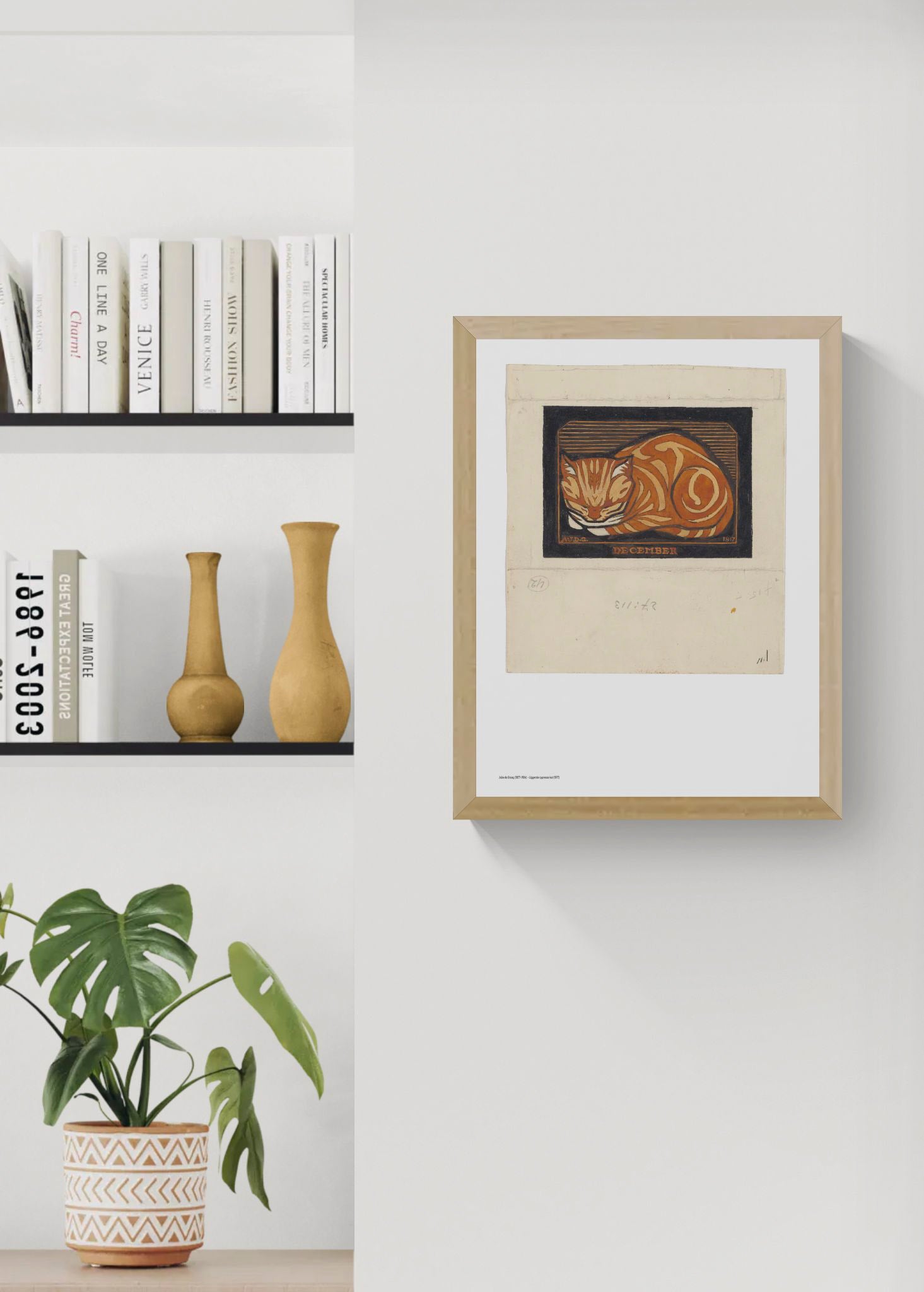 Orange curled cat in a bold early 20th-century woodcut style, with black outlines and a dark background. Vertical digital art print for cosy wall decor and cat-themed interiors.
