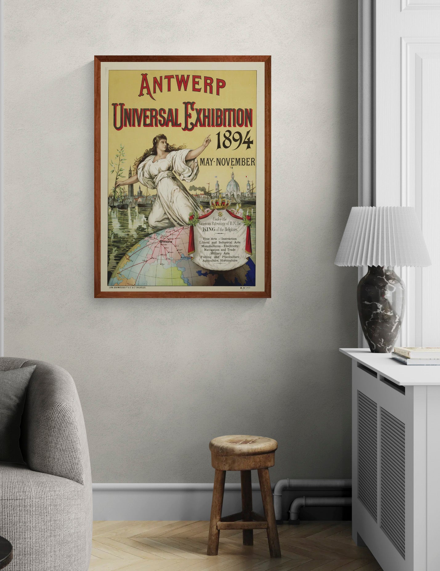 Vertical vintage Antwerp Universal Exhibition 1894 poster featuring an allegorical woman, harbour skyline, globe and ornate typography in red, gold and cream, digitally printed as historical wall art.