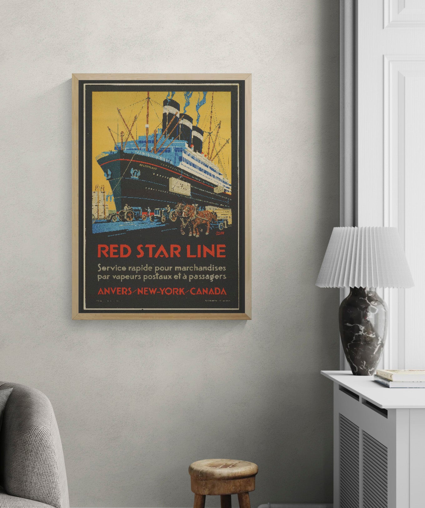 Portrait digital art print of the SS Belgenland in a vintage Art Deco Red Star Line poster, featuring black, ochre, turquoise and red tones as bold maritime wall decor.