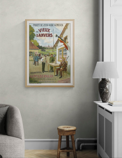 Vintage Belgian advertising poster showing an Antwerp outdoor scene, hunters, a Belgian flag and bold Vieux d'Anvers lettering in muted red, green and blue. Vertical digital print for vintage wall decor.