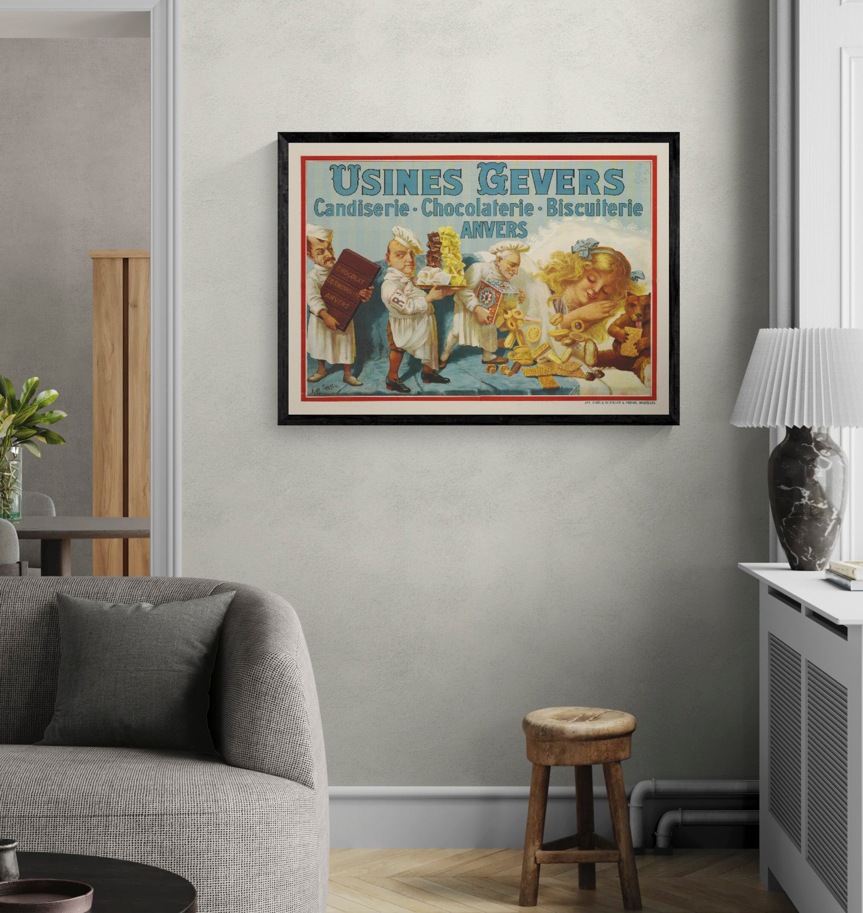 Vintage Chocolade Gevers advertising poster by Raff Lagye featuring Antwerp confectioners, chocolate, biscuits and bright red, blue and yellow tones in a horizontal digital print for kitchen or dining room wall art.