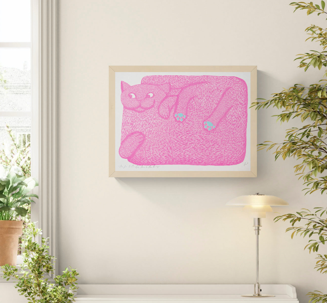 Fluorescent pink reclining cat with mint green paw pads, illustrated in Strangford’s quirky graphic style. Horizontal A3 risograph print for playful cat wall art and contemporary home decor.