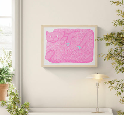 Fluorescent pink reclining cat with mint green paw pads, illustrated in Strangford’s quirky graphic style. Horizontal A3 risograph print for playful cat wall art and contemporary home decor.