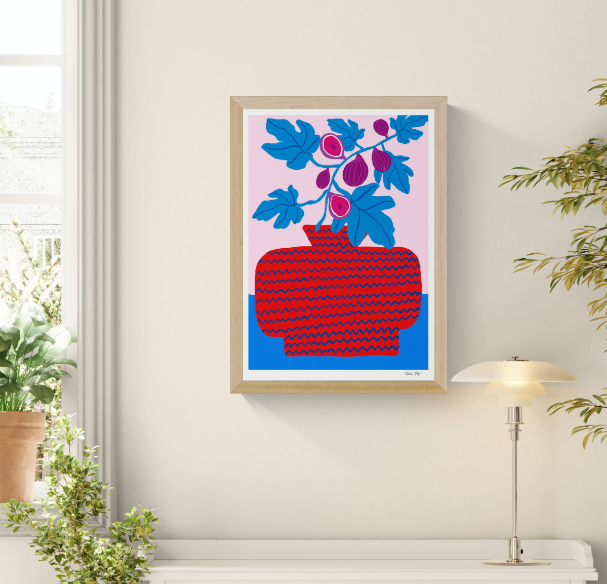 Colourful vertical giclée print by Teresa Rego featuring purple figs, bright blue leaves and a patterned red vase against a pink background, ideal as playful botanical wall art.