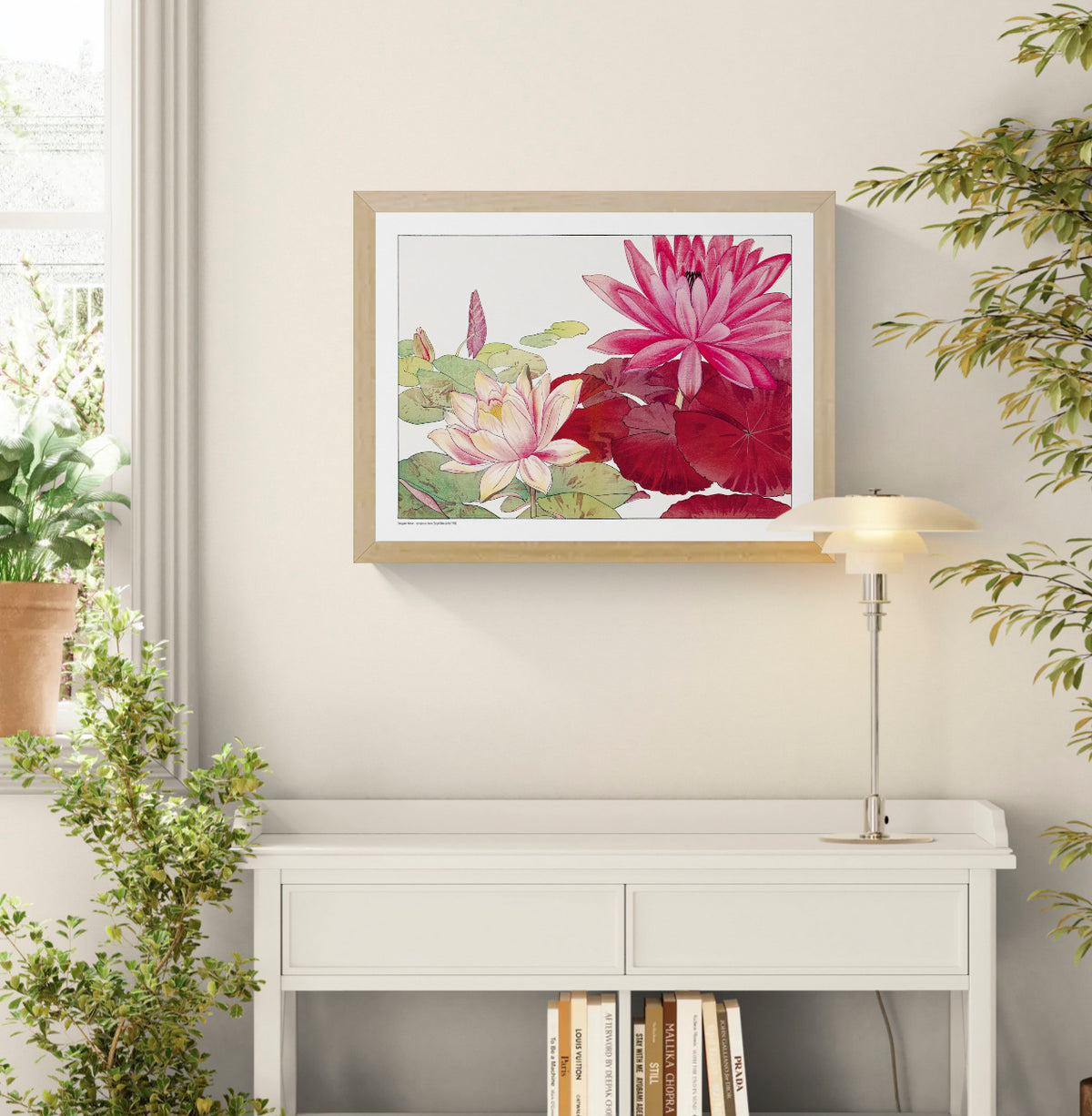 Nymphaea Lotus by Tanigami Konan, horizontal Japanese botanical illustration of large red and pale pink water lilies with green leaves, reproduced as a digital print for colourful floral wall decor.
