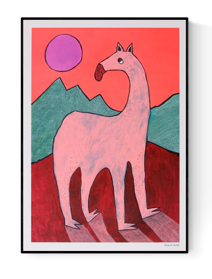 Playful and surreal illustration titled 'Beest 1' by Louise de Meester, featuring a quirky pink creature with an elongated neck set against bold red mountains, green hills, and a purple sun – a whimsical and bold art print for contemporary interiors