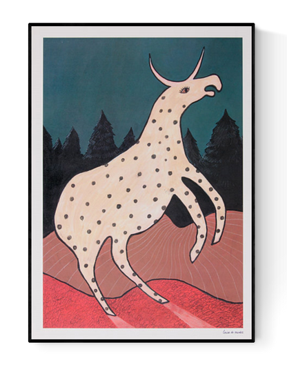 Surreal illustration titled Beest 2 by Louise de Meester, featuring a fantastical cream-colored creature with black spots and a single horn, set against a twilight forest backdrop with bold red terrain and a deep teal sky
