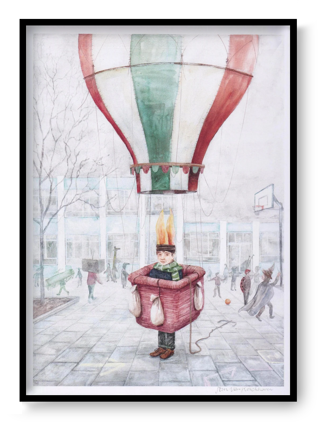 Luchtballon art print by Stien van Kerckhoven, A4 digital illustration of a child standing in a hot air balloon basket in a playground, whimsical storytelling wall art for kids room and modern home decor.