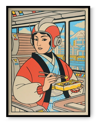 Japanese-inspired illustration of a woman in a kimono eating sushi on a futuristic train with Mount Fuji visible through the window, colorful pop-art style by Yeaaah! Studio, 30x40 cm wall art print.