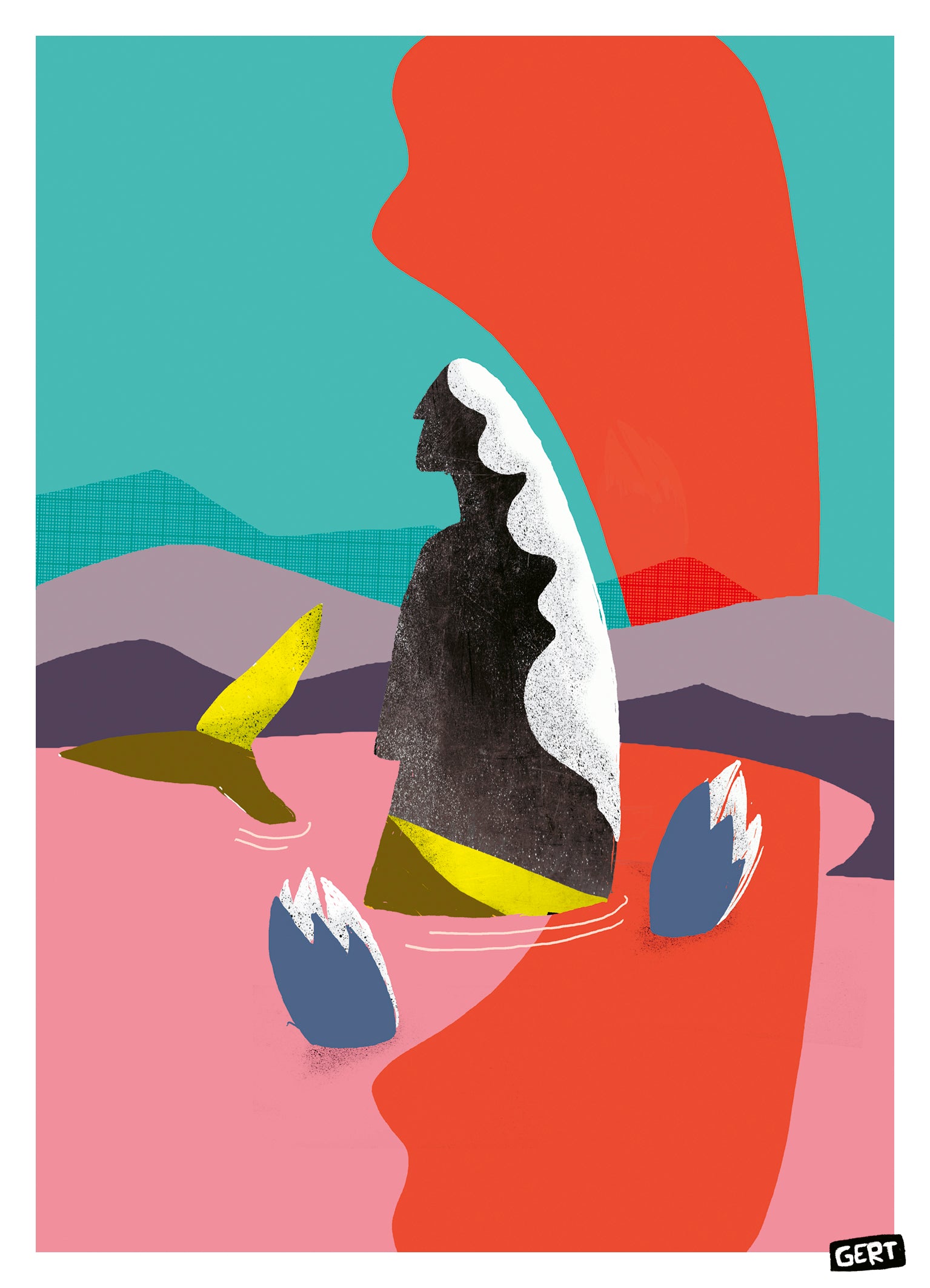Mermaids 1 by Gert Paenen, colorful contemporary digital art print featuring a mysterious female silhouette in a surreal landscape with vibrant pink, turquoise, orange and purple tones, modern illustration wall art for contemporary interiors.