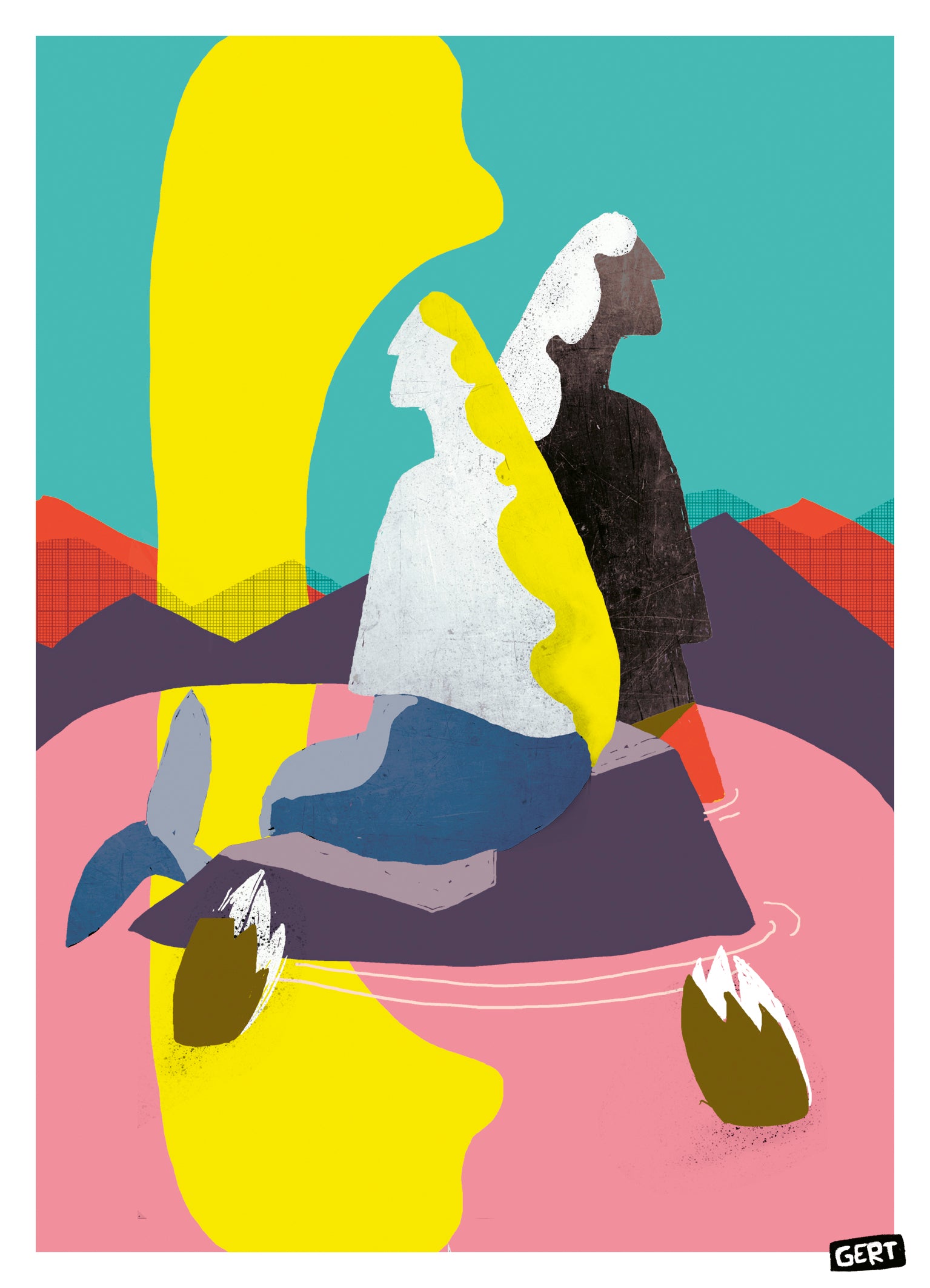 Mermaids 3 by Gert Paenen, colorful digital art print featuring abstract mermaid figures in a dreamlike landscape with bold yellow, turquoise, pink, purple, and coral tones, contemporary Belgian illustration for modern wall decor.