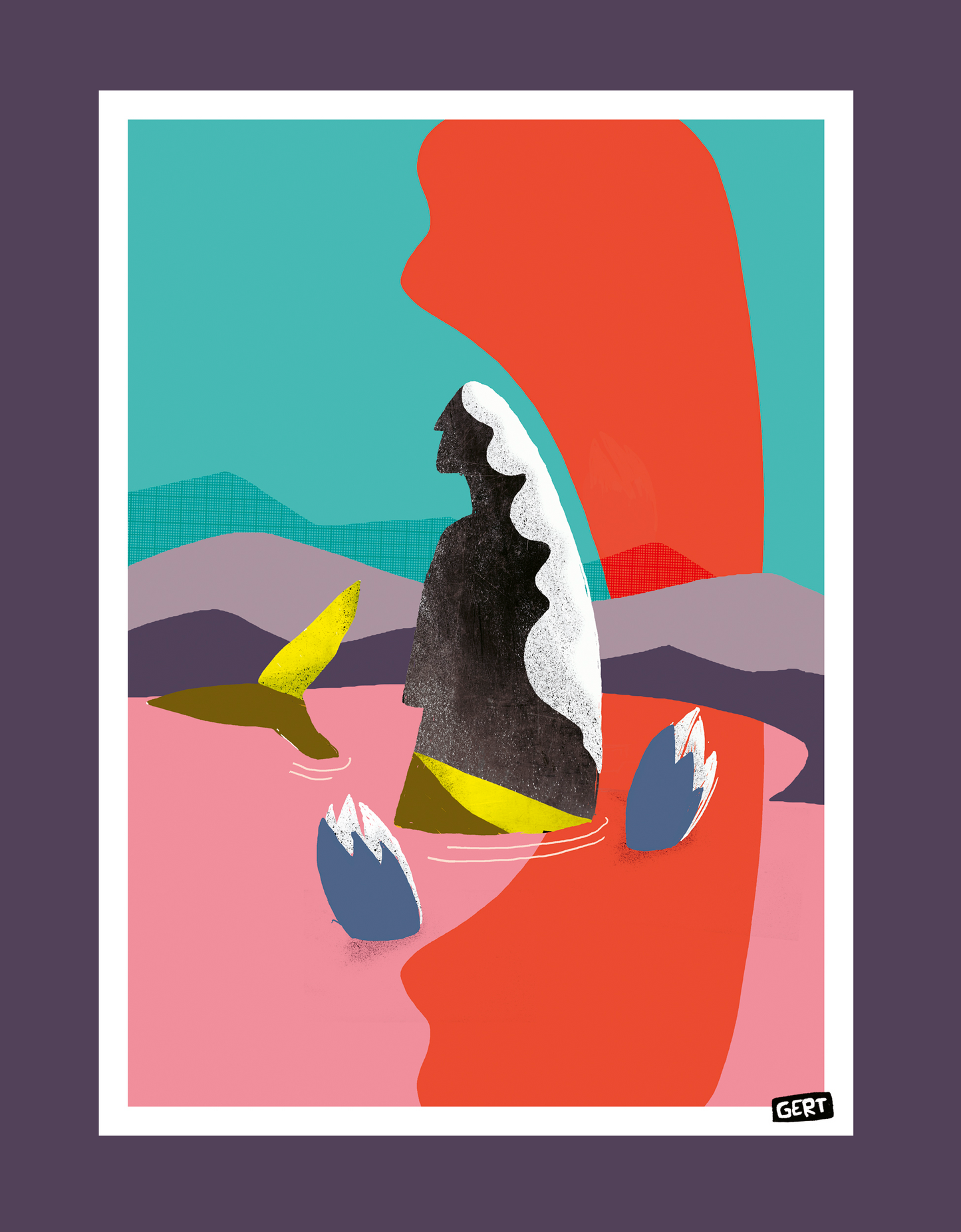 Mermaids 1 by Gert Paenen, colorful contemporary digital art print featuring a mysterious female silhouette in a surreal landscape with vibrant pink, turquoise, orange and purple tones, modern illustration wall art for contemporary interiors.