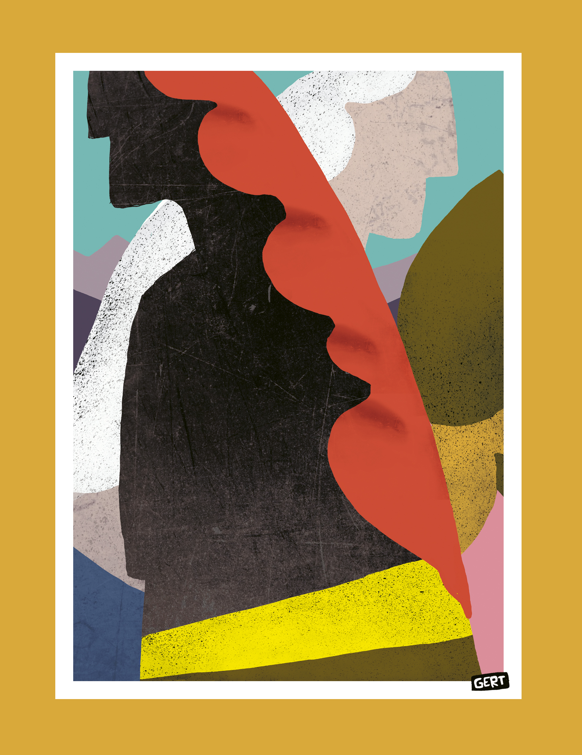 Mermaids 4 by Gert Paenen, colorful abstract digital art print featuring stylized mermaid-inspired forms in bold coral red, black, yellow, turquoise, and pastel tones, contemporary modern wall art for creative interiors and gallery walls.
