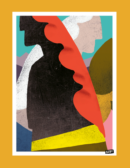 Mermaids 4 by Gert Paenen, colorful abstract digital art print featuring stylized mermaid-inspired forms in bold coral red, black, yellow, turquoise, and pastel tones, contemporary modern wall art for creative interiors and gallery walls.