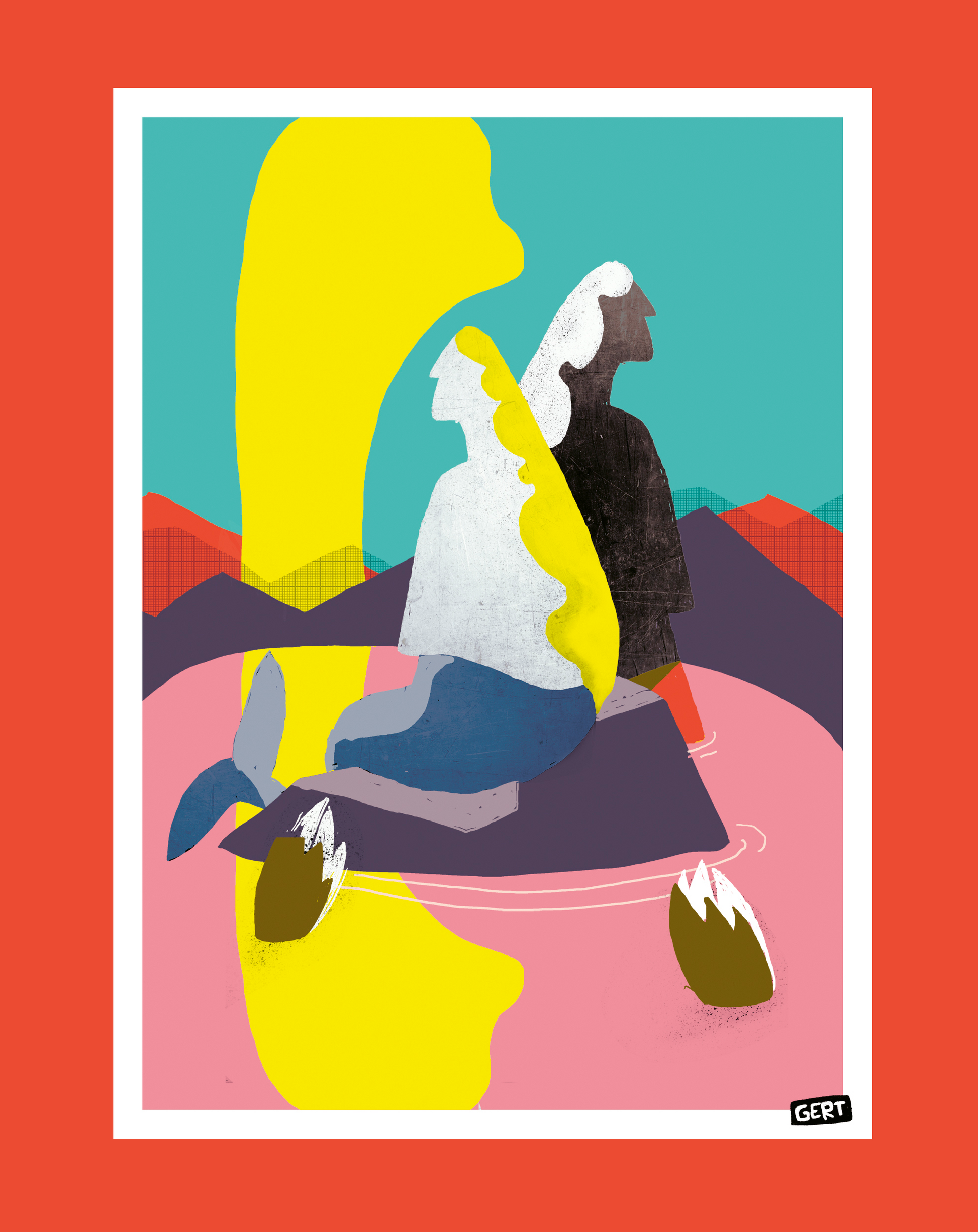 Mermaids 3 by Gert Paenen, colorful digital art print featuring abstract mermaid figures in a dreamlike landscape with bold yellow, turquoise, pink, purple, and coral tones, contemporary Belgian illustration for modern wall decor.