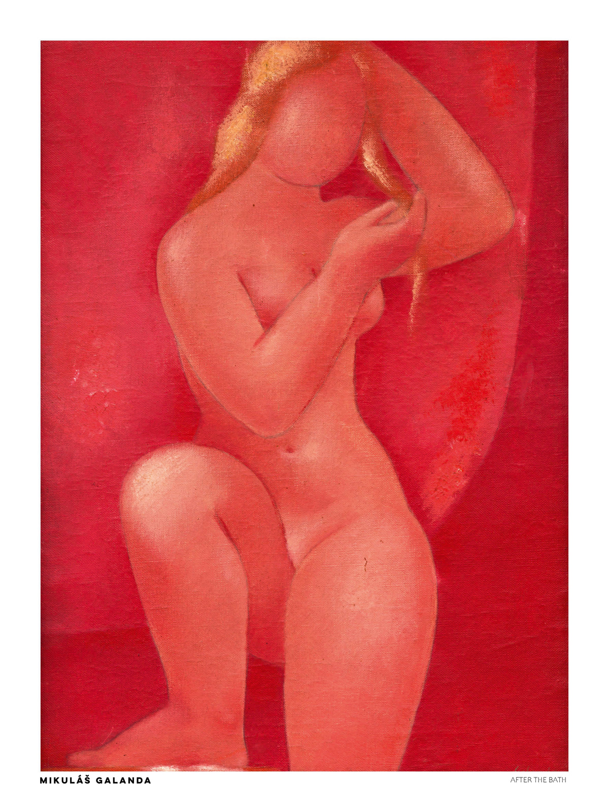 After The Bath by Mikulas Galanda, vertical figurative digital art print of a seated nude woman in warm coral and red tones, ideal for bedroom or living room wall decor.