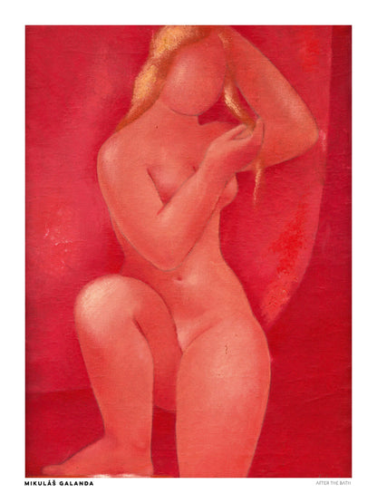 After The Bath by Mikulas Galanda, vertical figurative digital art print of a seated nude woman in warm coral and red tones, ideal for bedroom or living room wall decor.