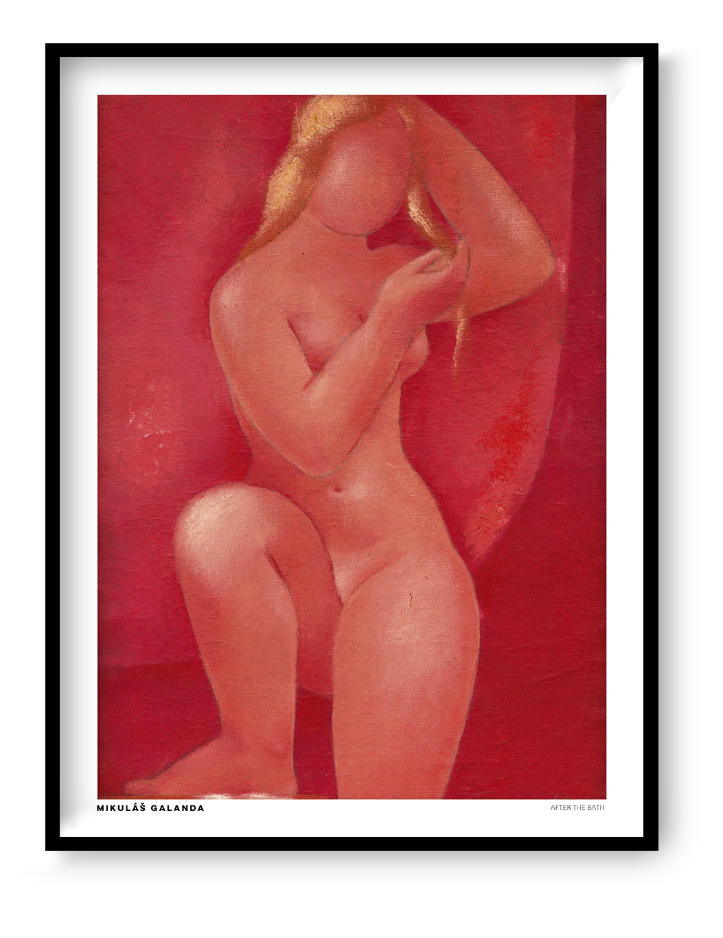After The Bath by Mikulas Galanda, vertical figurative digital art print of a seated nude woman in warm coral and red tones, ideal for bedroom or living room wall decor.