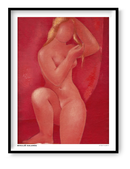 After The Bath by Mikulas Galanda, vertical figurative digital art print of a seated nude woman in warm coral and red tones, ideal for bedroom or living room wall decor.