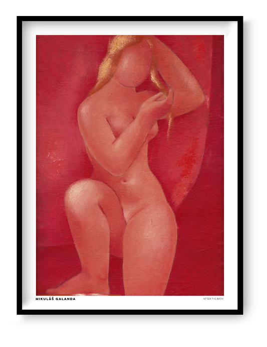 After The Bath by Mikulas Galanda, vertical figurative digital art print of a seated nude woman in warm coral and red tones, ideal for bedroom or living room wall decor.