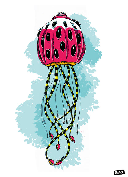Monster 1 by Gert Paenen digital art print featuring a whimsical pink creature with multiple eyes, long striped tentacles, and surreal organic details, contemporary Belgian illustration for colorful modern wall decor.