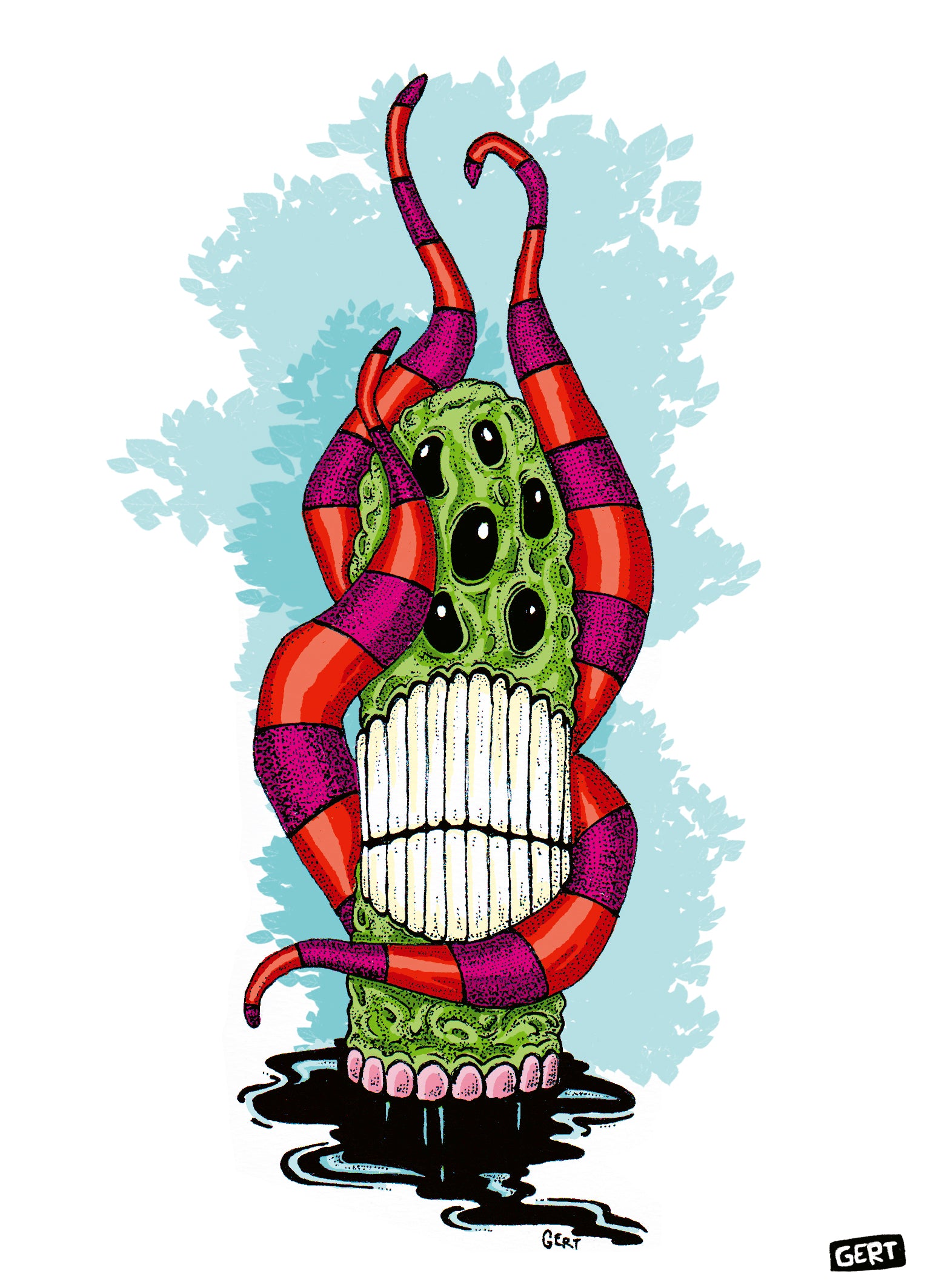 Monster 4 by Gert Paenen, surreal monster illustration with multiple eyes, striped tentacles, large teeth and vibrant colors, contemporary digital art print for modern wall decor and creative interiors.