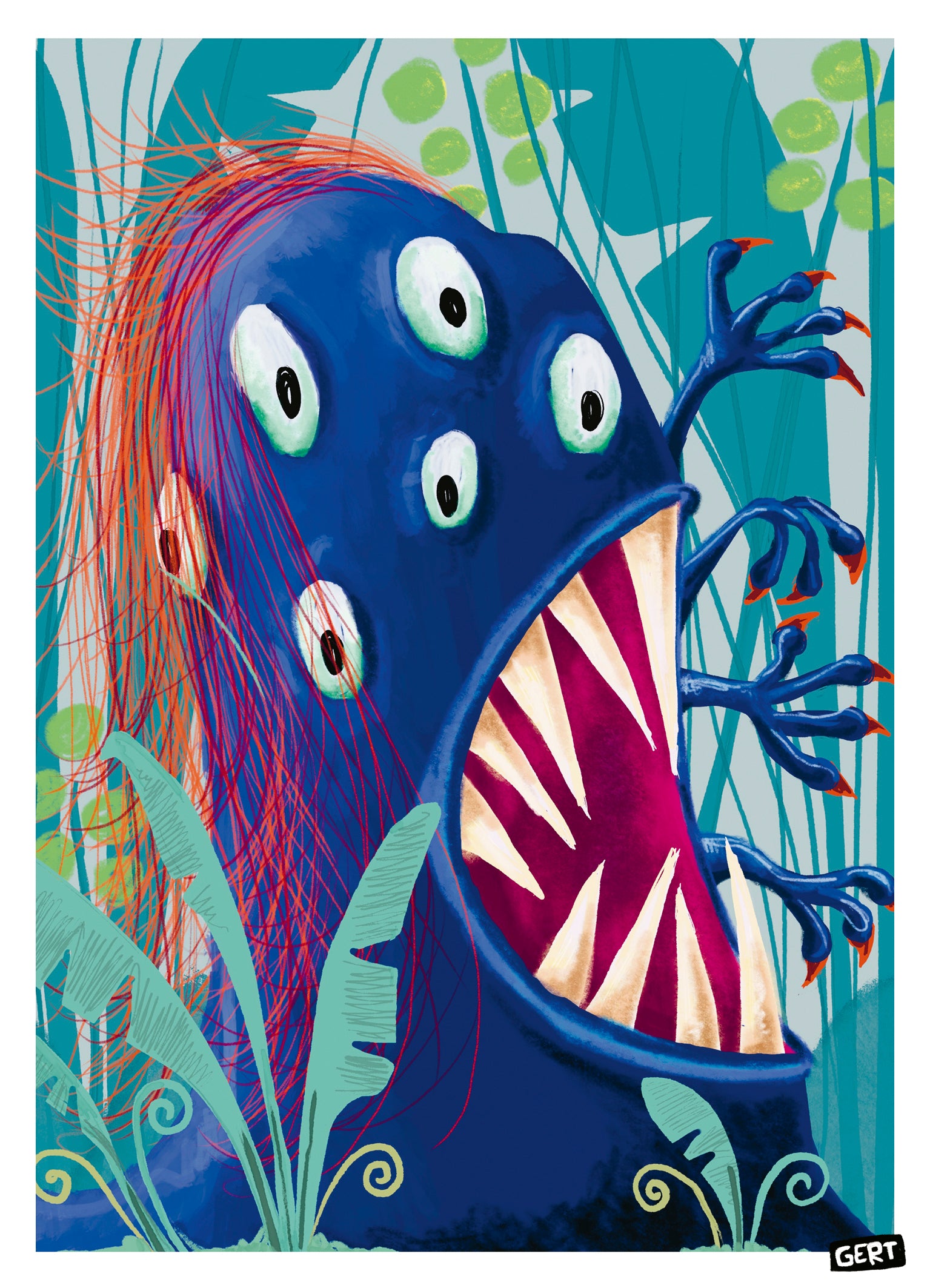 Monster Jungle by Gert Paenen, colorful fantasy monster art print featuring a blue multi-eyed creature with sharp teeth surrounded by jungle plants, contemporary illustration wall art, 13 × 18 cm digital print.
