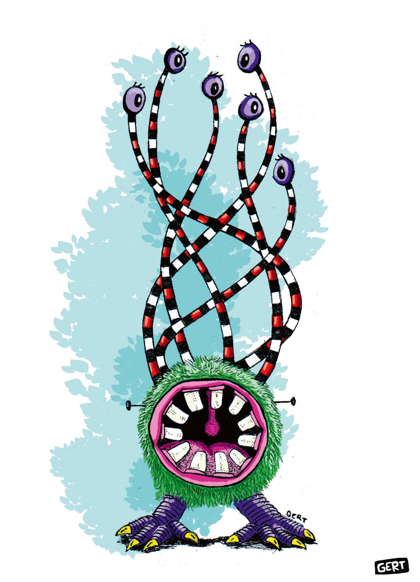 Monster 2 by Gert Paenen, colorful monster art print featuring a furry green creature with a large mouth, striped eyestalks, multiple purple eyes, and playful fantasy character design on a light blue background, contemporary Belgian illustration wall art.
