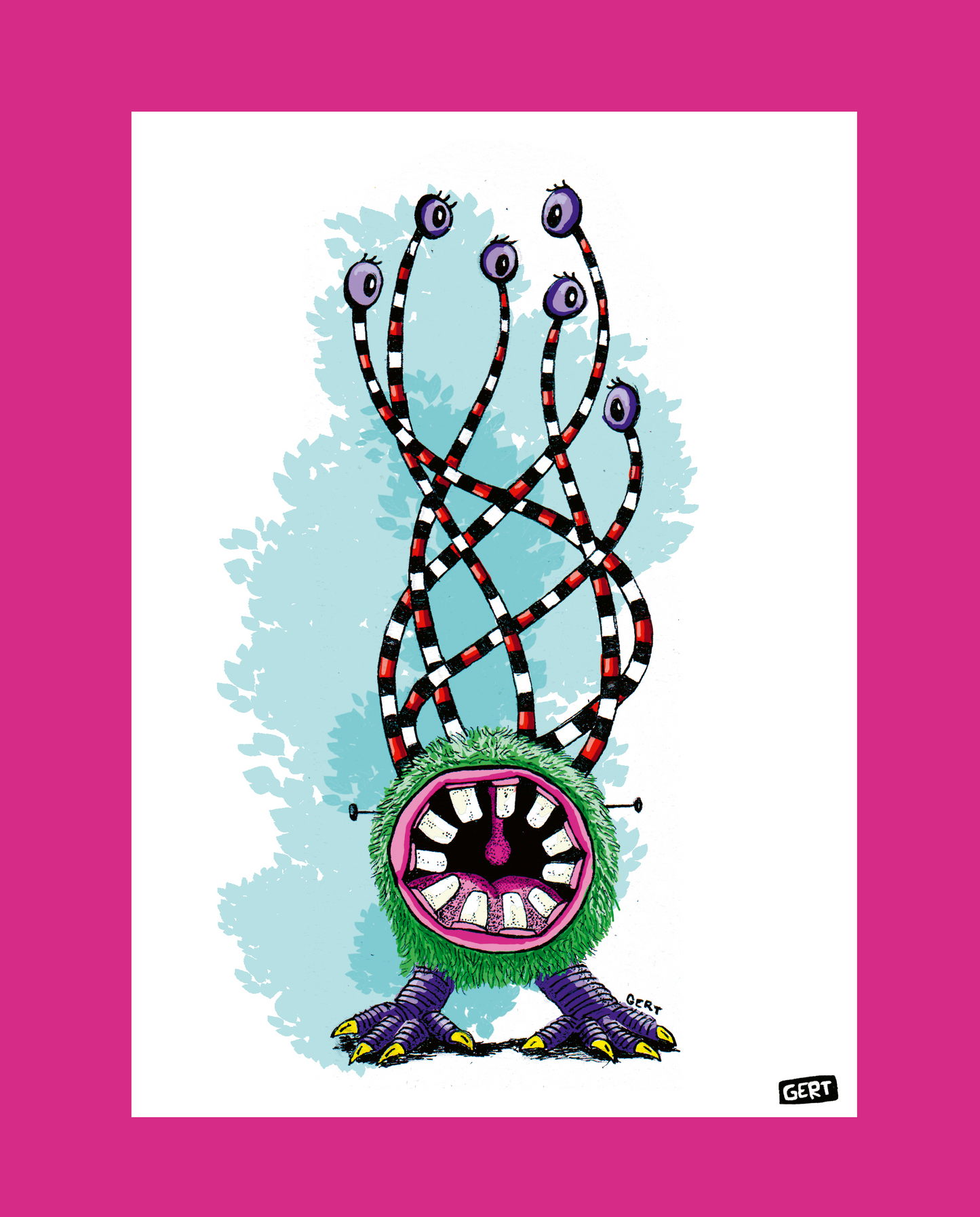 Monster 2 by Gert Paenen, colorful monster art print featuring a furry green creature with a large mouth, striped eyestalks, multiple purple eyes, and playful fantasy character design on a light blue background, contemporary Belgian illustration wall art.