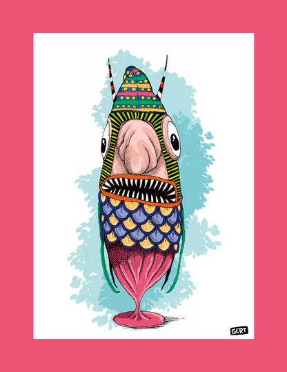 Monster 3 by Gert Paenen, colorful digital art print featuring a whimsical fantasy creature with large eyes, patterned scales, vibrant textures, and playful contemporary illustration style on premium 300 g/m² paper.