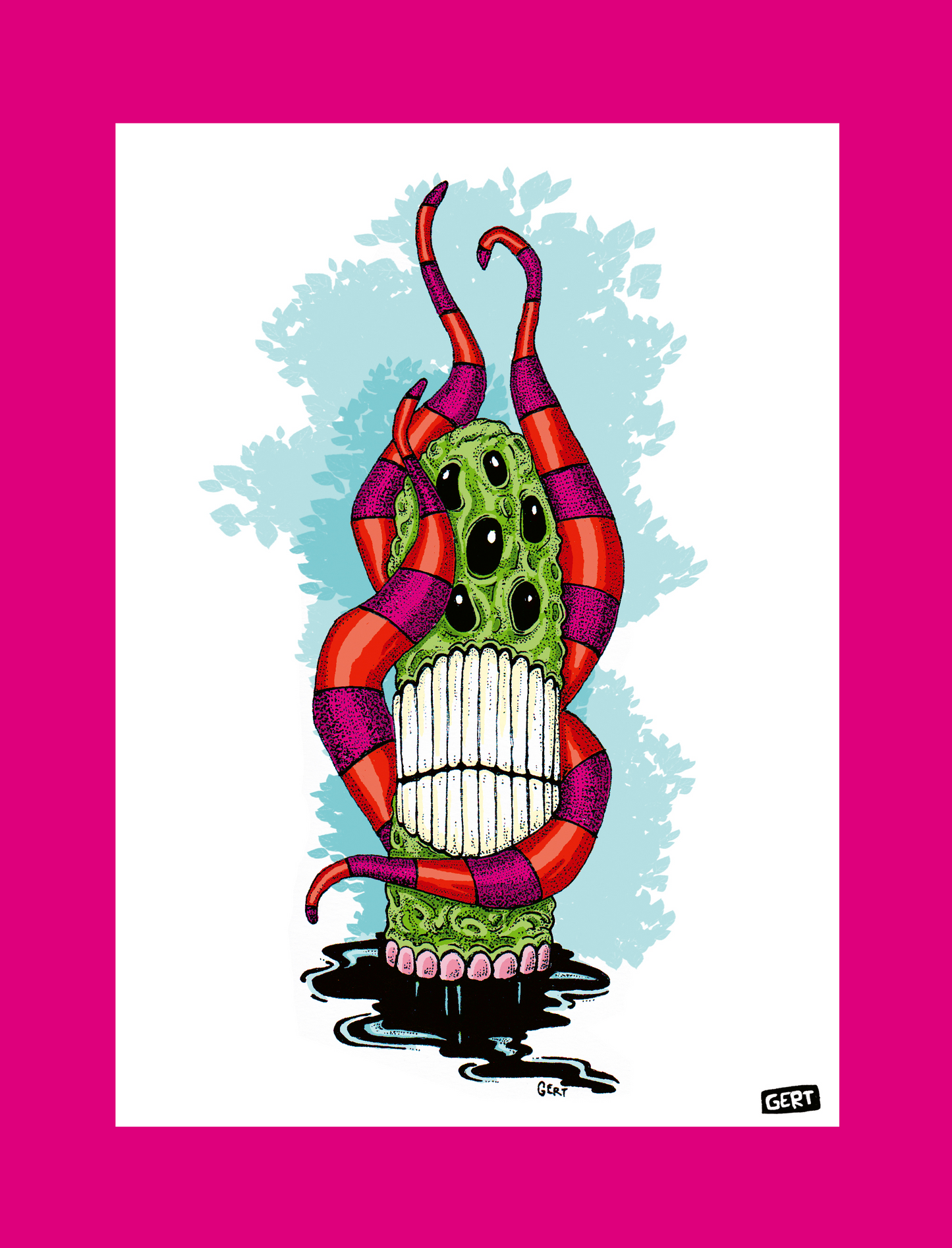 Monster 4 by Gert Paenen, surreal monster illustration with multiple eyes, striped tentacles, large teeth and vibrant colors, contemporary digital art print for modern wall decor and creative interiors.