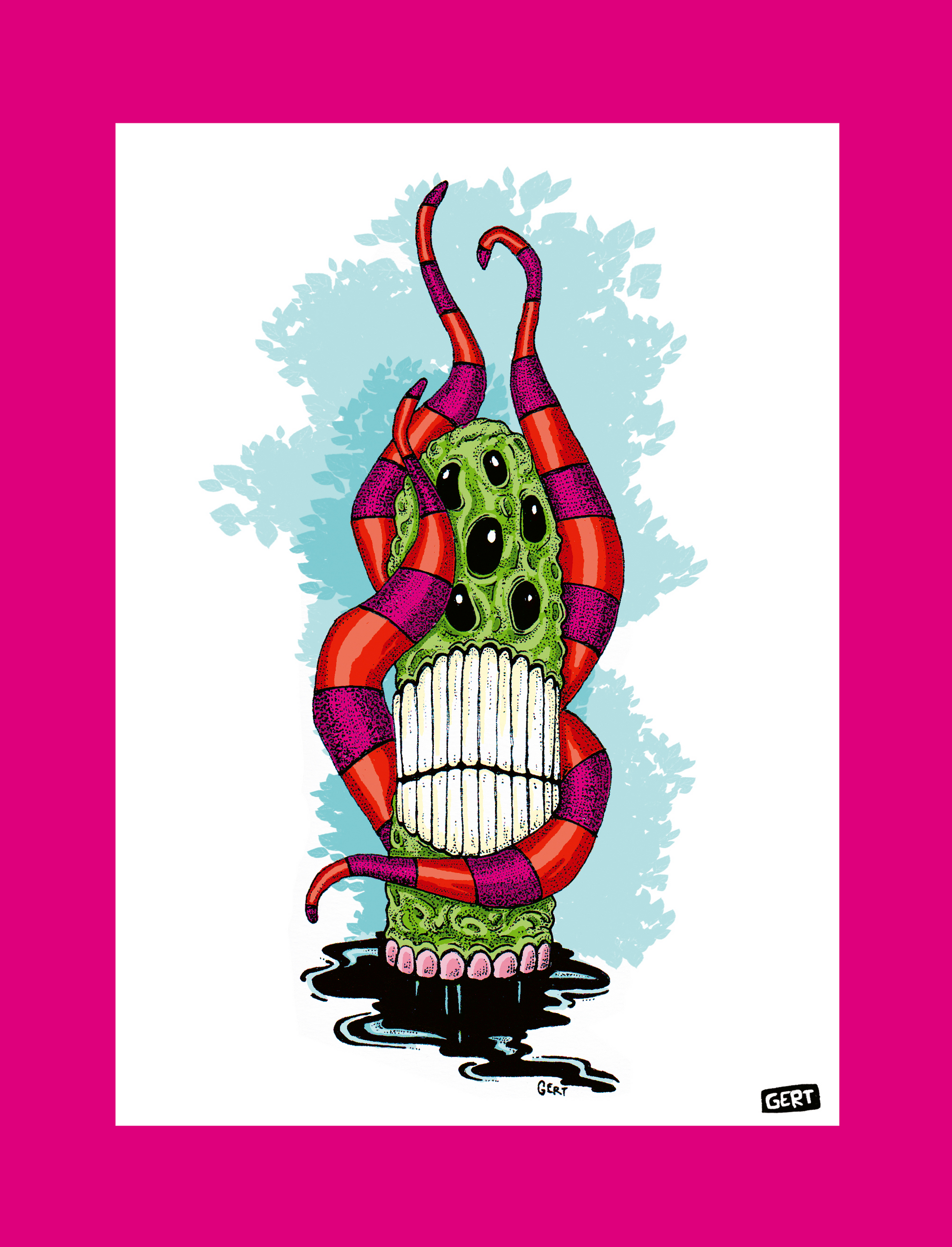 Monster 4 by Gert Paenen, surreal monster illustration with multiple eyes, striped tentacles, large teeth and vibrant colors, contemporary digital art print for modern wall decor and creative interiors.