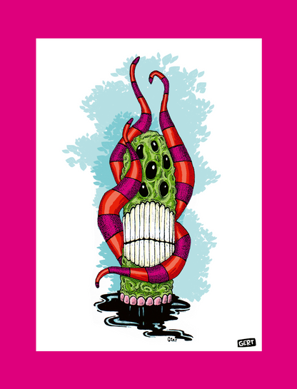 Monster 4 by Gert Paenen, surreal monster illustration with multiple eyes, striped tentacles, large teeth and vibrant colors, contemporary digital art print for modern wall decor and creative interiors.