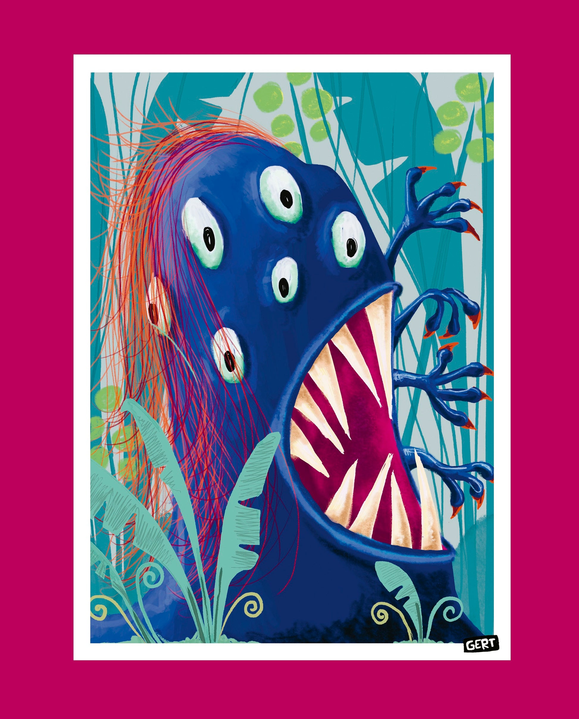 Monster Jungle by Gert Paenen, colorful fantasy monster art print featuring a blue multi-eyed creature with sharp teeth surrounded by jungle plants, contemporary illustration wall art, 13 × 18 cm digital print.